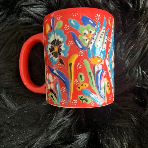 turkey Other - Ceramic Red Mug Hand Painted Raised Floral Made in Turkey